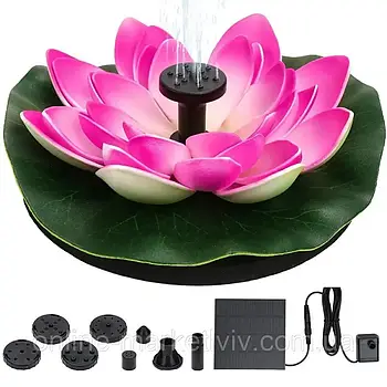 Садовий фонтан на сонячній батареї + 4 насадки "Лілія", Рожевий / Міні фонтан для ставка / Фонтан для саду