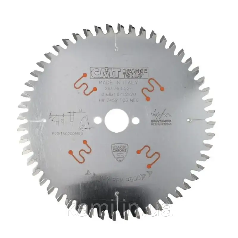 CMT 281.768.52H Пила по HPL та ламінату, HM D=168 K=1,8/1,2 F=20 Z=52 TCG NEG, фото 1