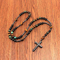Чотки-підвіска 60 см з натуральних каменів обсидіан, тигрове око, лазурит, з хрестиком, унісекс, міцний шнур Dyneema
