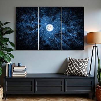 Модульна картина Зіркове небо Місяць Настінний декор в інтер'єр 90х60см із 3х частин