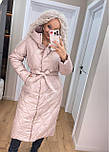 Жіноче стьобане пальто пуховик довге з капюшоном з поясом (р. 42-50) 6502254, фото 3