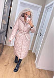 Жіноче стьобане пальто пуховик довге з капюшоном з поясом (р. 42-50) 6502254, фото 5