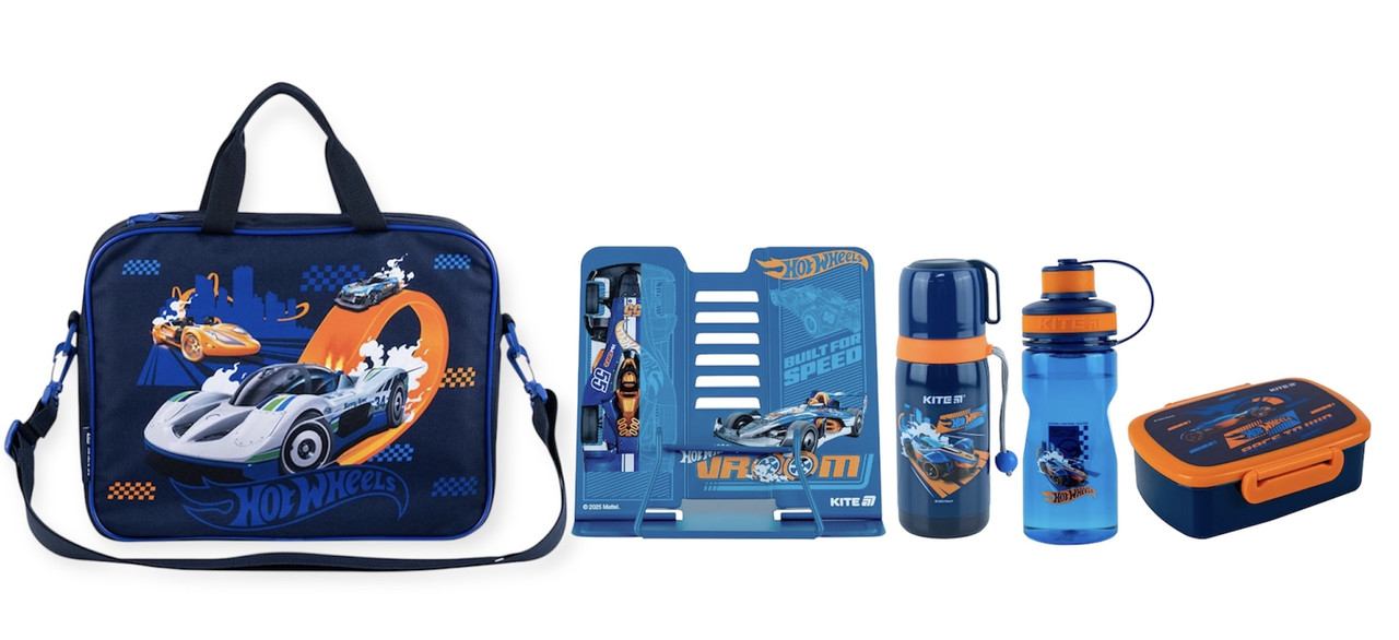 Набір Kite Hot Wheels (текстильна сумка, термос, пляшка, ланчбокс, підставка для книг), фото 1