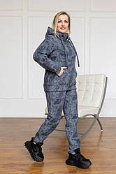Жіночий спортивний костюм батал на флісі з капюшоном теплий колір графіт