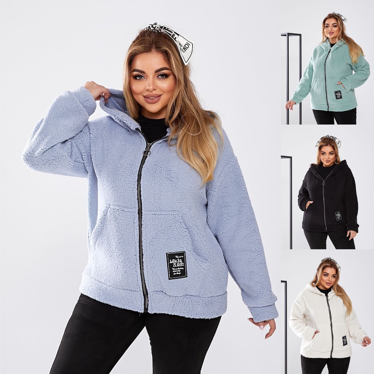 Жіноча тепла кофта Бомбер хутро Тедді 50-52, 54-56, 58-60, 62-64 блакитний, білий, чорний, ментол - фото 1 - id-p2762722295