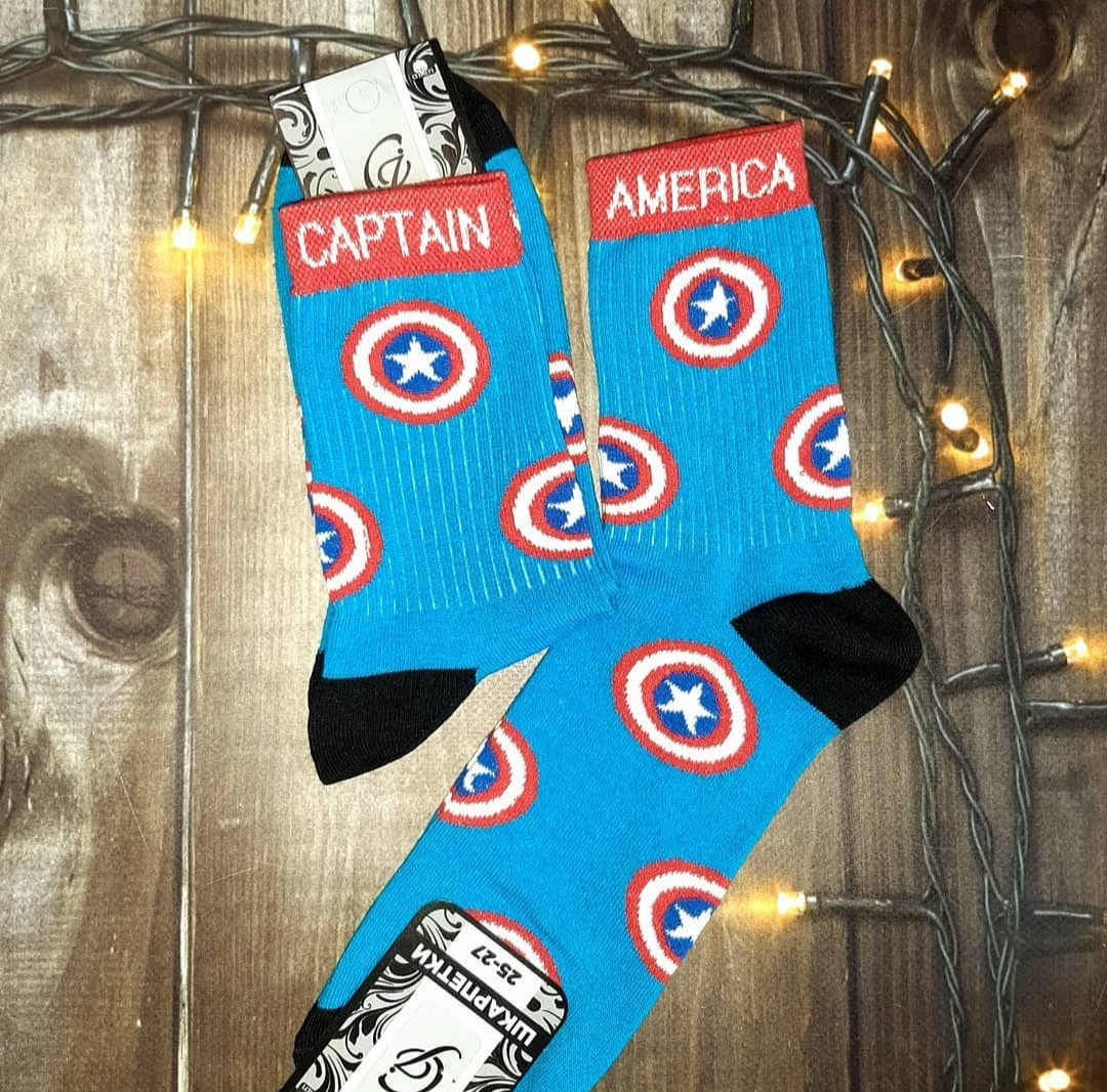 Модні сині високі шкарпетки з принтом Капітан Америка — шкарпетки прикол, фото 1