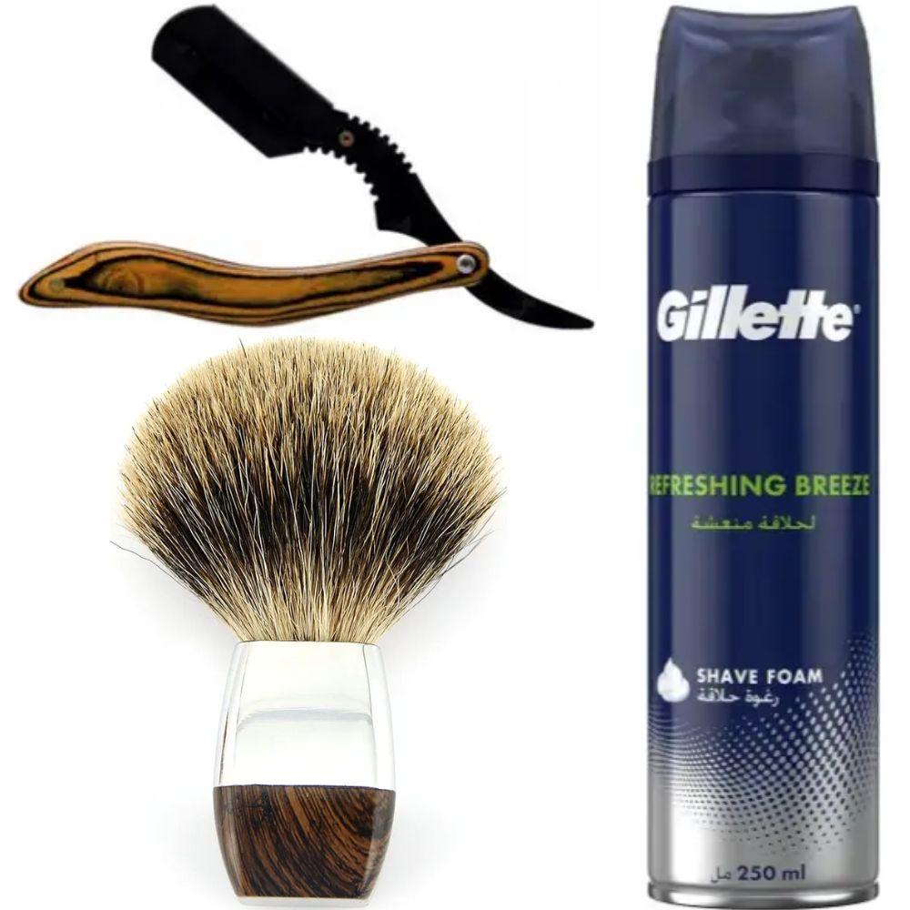 Небезпечна бритва/шавета розкладна Straight Razor + помазок з борсучим ворсом + піна для гоління Gillette Refreshing Breeze 250 мл, фото 1