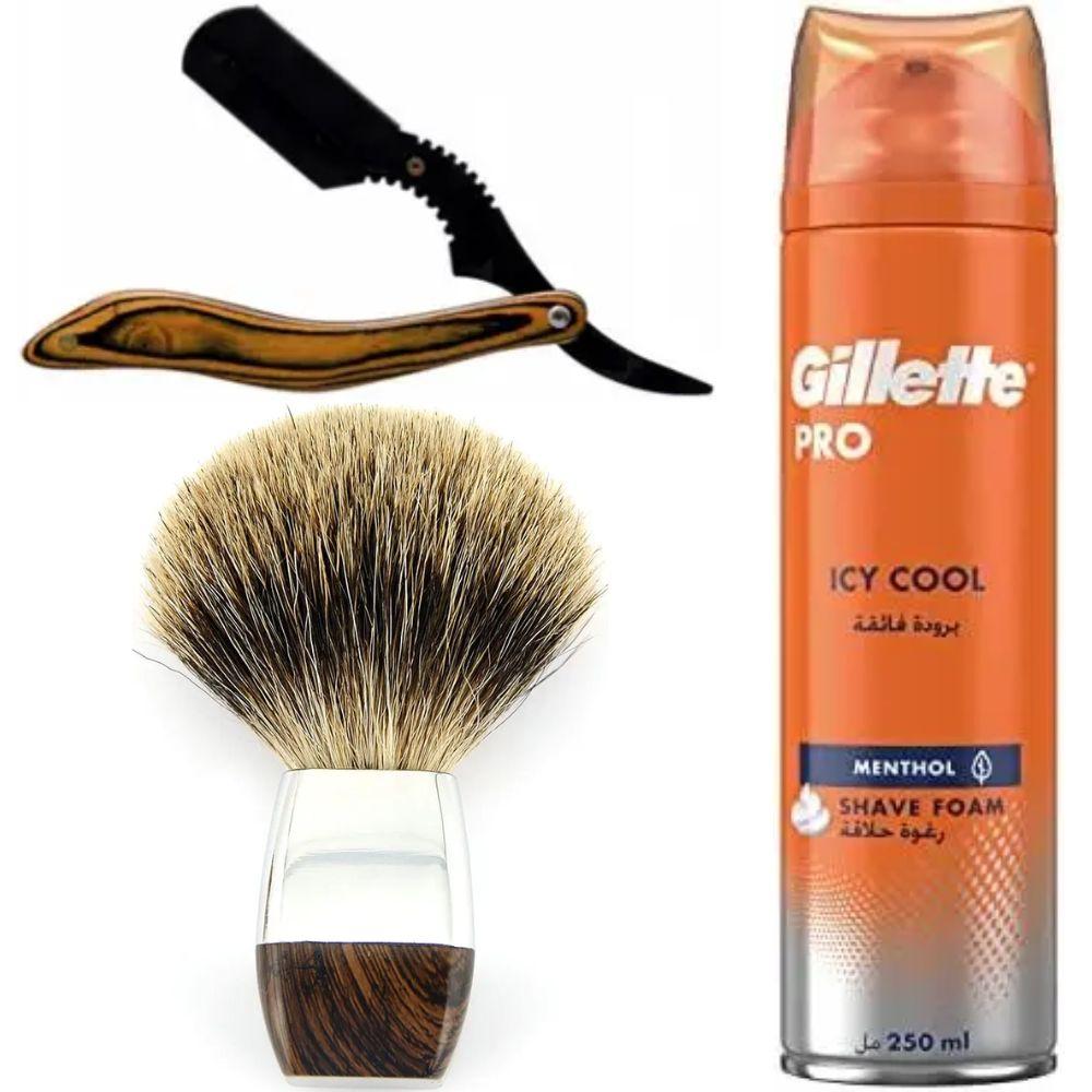 Небезпечна бритва/шавета розкладна Straight Razor + помазок з борсучим ворсом + піна для гоління Gillette Pro Icy Cool з ментолом, фото 1