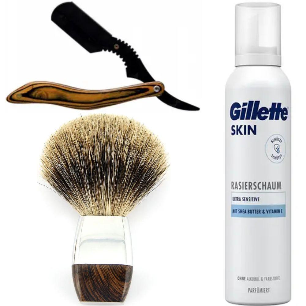 Небезпечна бритва/шавета розкладна Straight Razor + помазок з борсучим ворсом + піна для гоління Gillette Skin Ultra Sensitive, фото 1