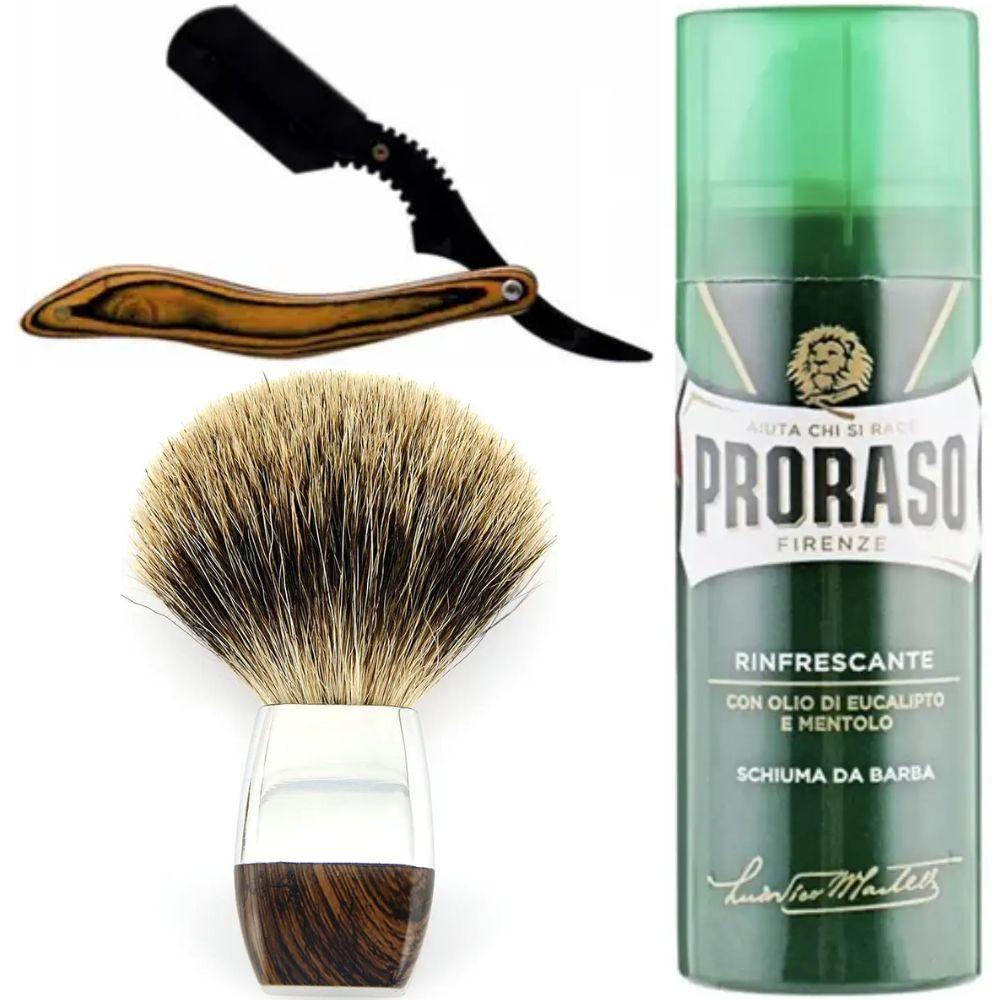 Небезпечна бритва/шавета розкладна Straight Razor + помазок борсук + піна для гоління Proraso тонізуюча з евкаліптом і ментолом, фото 1