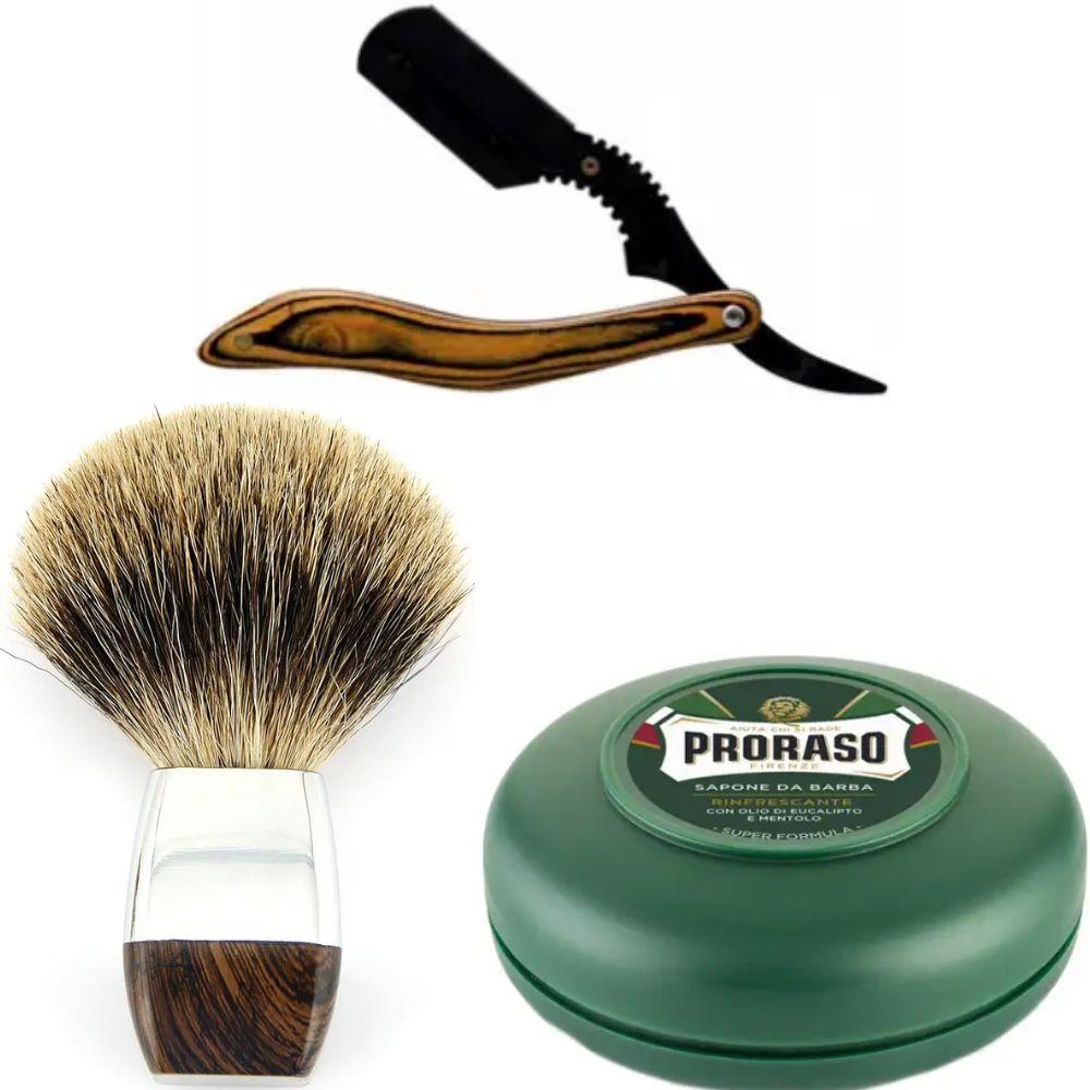 Небезпечна бритва/шавета розкладна Straight Razor + помазок борсук + мило для гоління Proraso Rinfrescante Green Eucalyptus 75 мл, фото 1