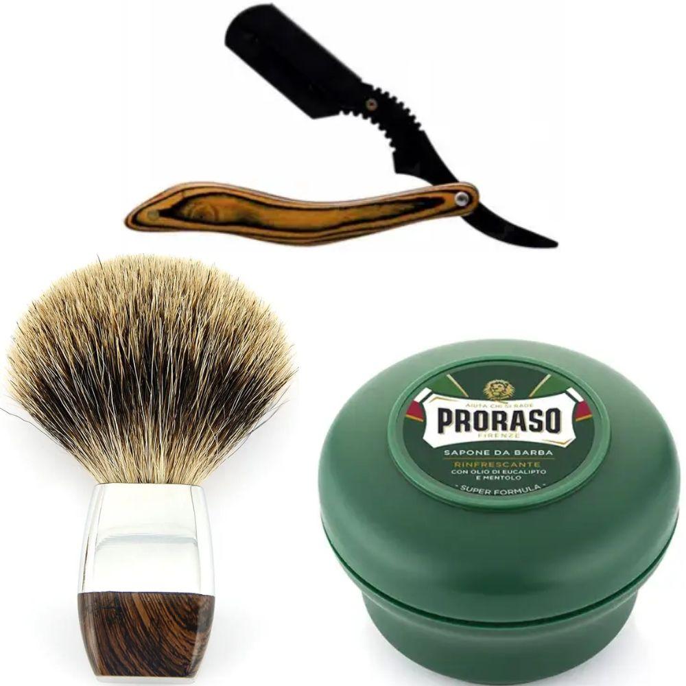 Небезпечна бритва/шавета розкладна Straight Razor + помазок борсук + мило для гоління Proraso Rinfrescante Green Eucalyptus 150 мл, фото 1