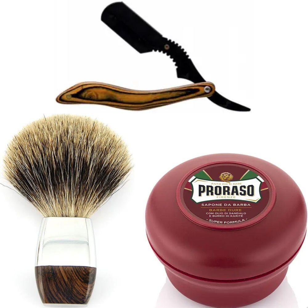 Небезпечна бритва/шавета розкладна Straight Razor + помазок борсук + мило для гоління Proraso для жорсткої щетини з маслом, фото 1