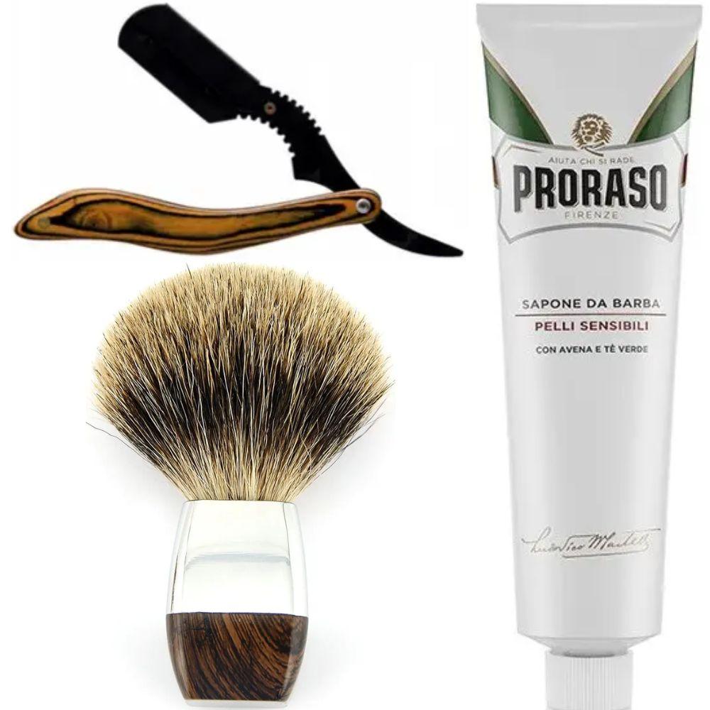 Небезпечна бритва/шавета розкладна Straight Razor + помазок борсук + крем для гоління Proraso для чутливої шкіри, фото 1