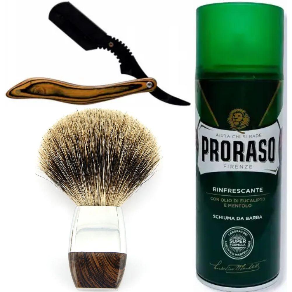 Небезпечна бритва/шавета розкладна Straight Razor + помазок борсук + піна для гоління Proraso тонізуюча з евкаліптом і ментолом, фото 1