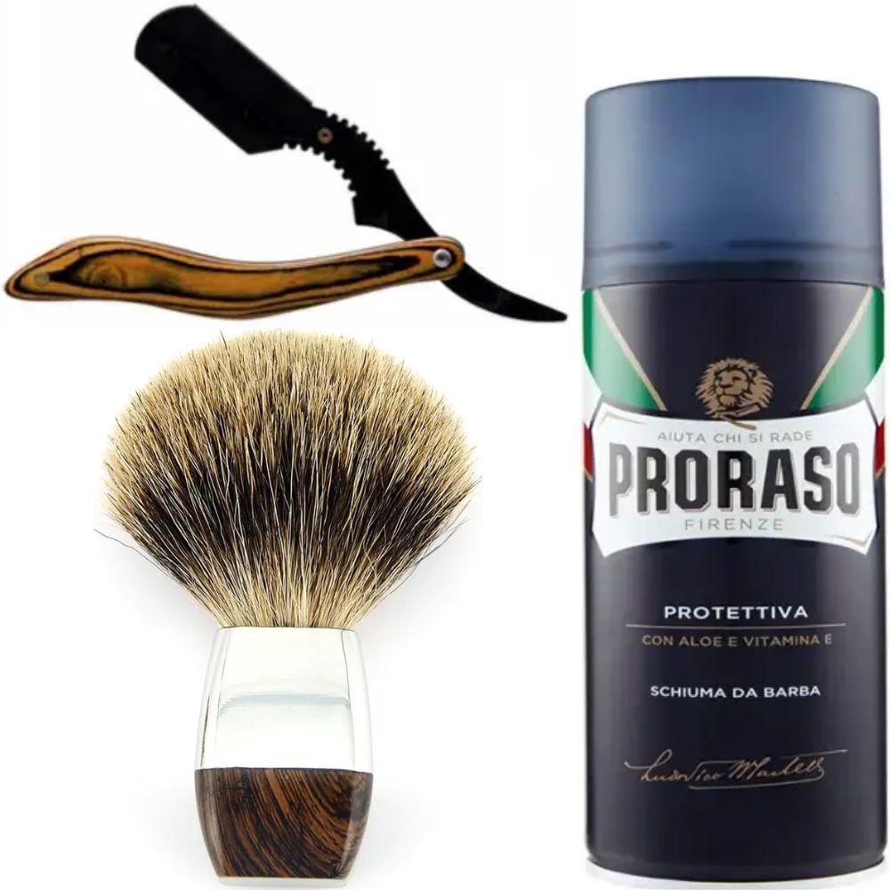 Небезпечна бритва/шавета розкладна Straight Razor + помазок борсук + піна для гоління Proraso з екстрактом алое та вітаміном Е, фото 1
