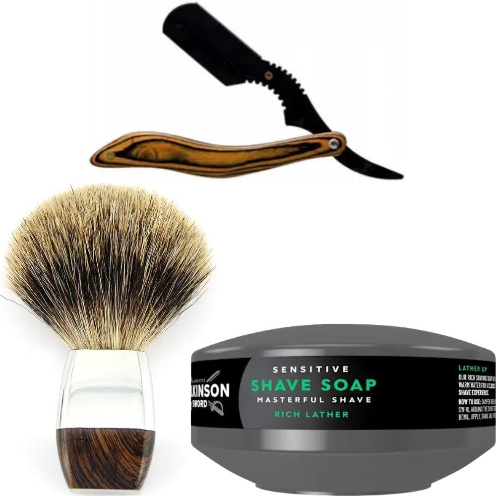 Небезпечна бритва/шавета розкладна Straight Razor + помазок борсук + мило для гоління Wilkinson Sword для чутливої шкіри 125 г, фото 1