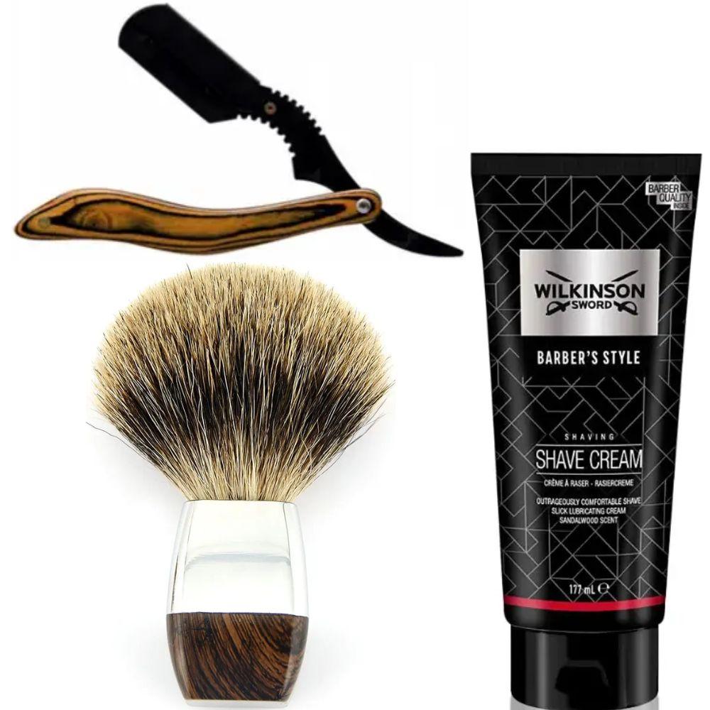Небезпечна бритва/шавета розкладна Straight Razor + помазок борсук + крем для гоління Wilkinson Sword Barber's Style Shave Cream, фото 1