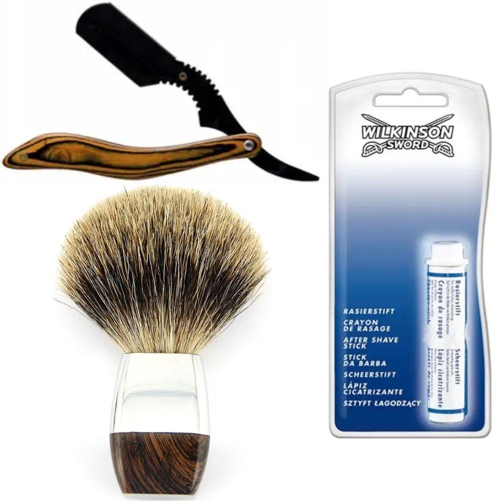 Небезпечна бритва/шавета розкладна Straight Razor + помазок борсук + кровоспинний олівець Wilkinson Sword After Shave Stick, фото 1