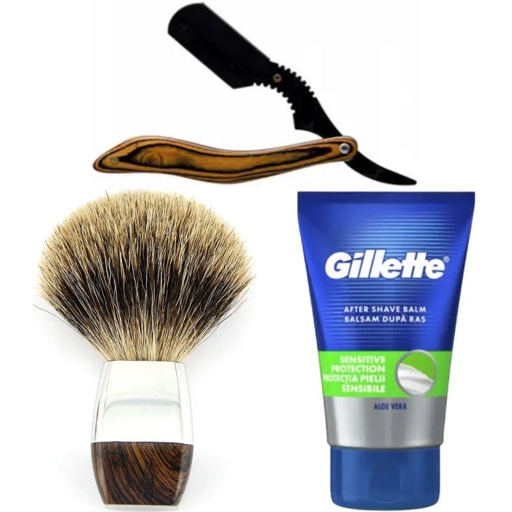 Небезпечна бритва/шавета розкладна Straight Razor + помазок борсук + бальзам після гоління Gillette Sensitive Protection, фото 1