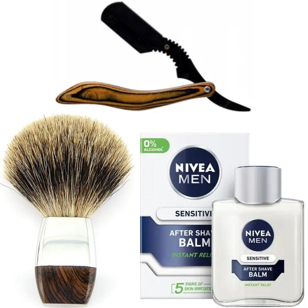 Небезпечна бритва/шавета розкладна Straight Razor + помазок борсук + бальзам після гоління Nivea Men Sensitivе 100 мл, фото 1
