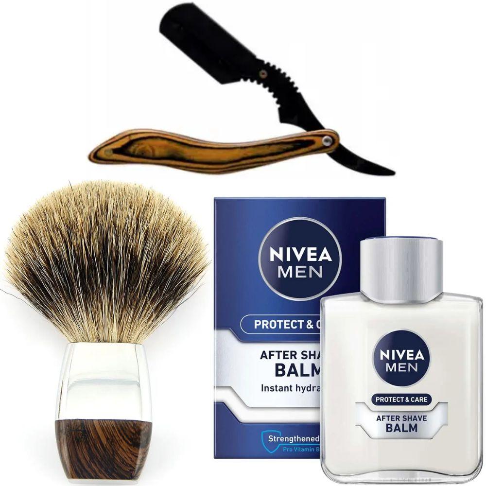 Небезпечна бритва/шавета розкладна Straight Razor + помазок борсук + бальзам після гоління Nivea Men Protect & Care 100 мл, фото 1