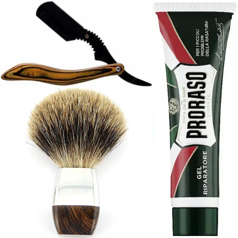 Небезпечна бритва/шавета розкладна Straight Razor + помазок борсук + гель від порізів Proraso Razor Cut Repair Gel, фото 1