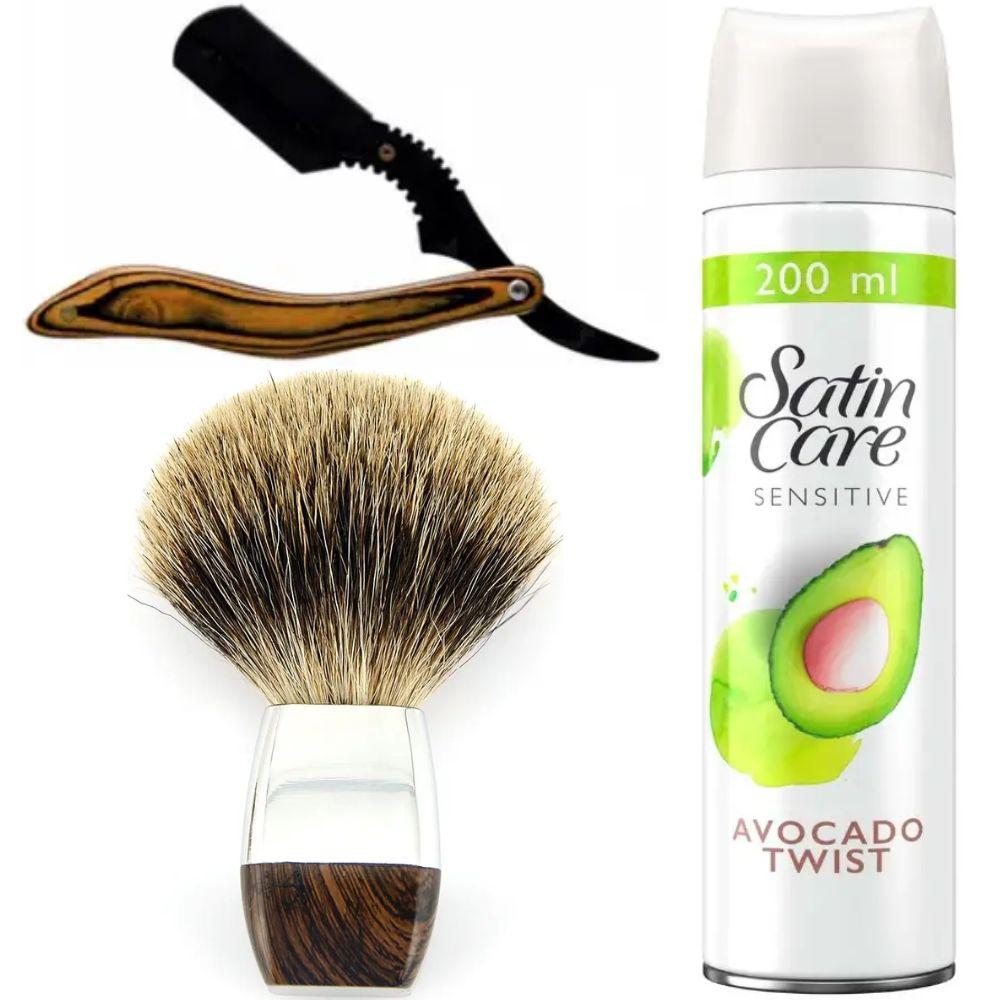 Небезпечна бритва/шавета розкладна Straight Razor + помазок борсук + гель для гоління Gillette Satin Care Gel Avocado 200 мл, фото 1