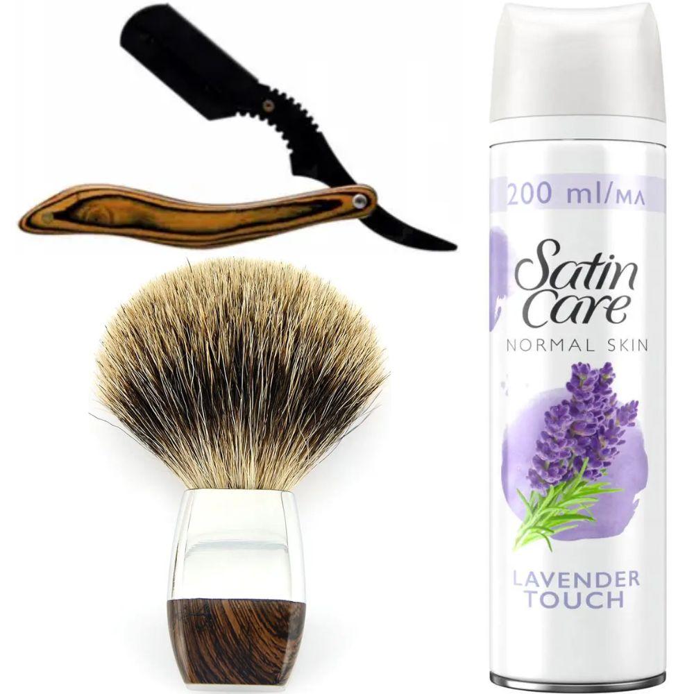 Небезпечна бритва/шавета розкладна Straight Razor + помазок борсук + гель для гоління Gillette Satin Care Gel Lavender 200 мл, фото 1