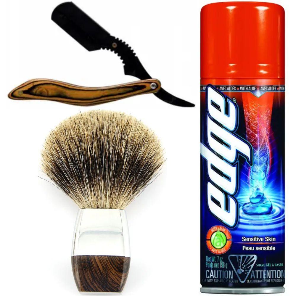 Небезпечна бритва/шавета розкладна Straight Razor + помазок борсук + гель для гоління Wilkinson Sword EDGE Sensitive, фото 1