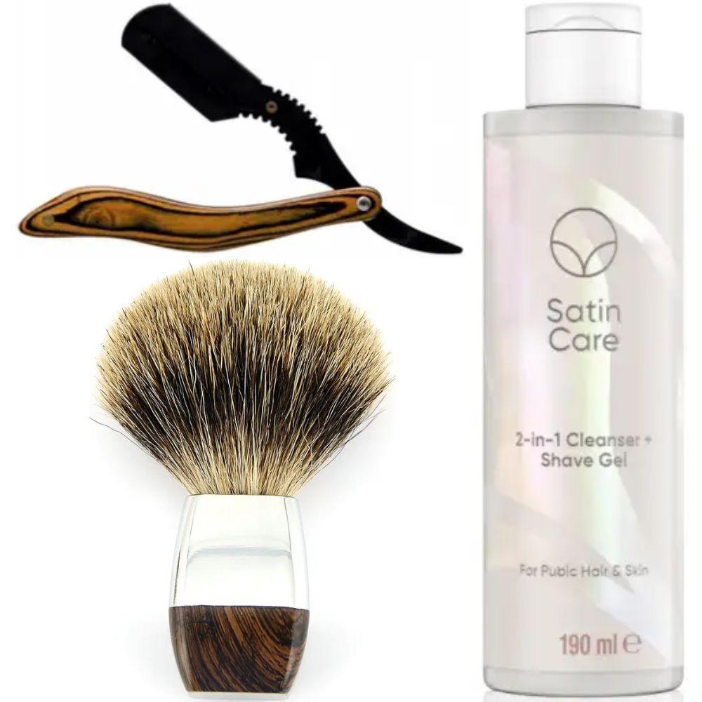 Небезпечна бритва/шавета розкладна Straight Razor + помазок борсук + гель для гоління Gillette Venus Venus Satin Care 2 в 1, фото 1