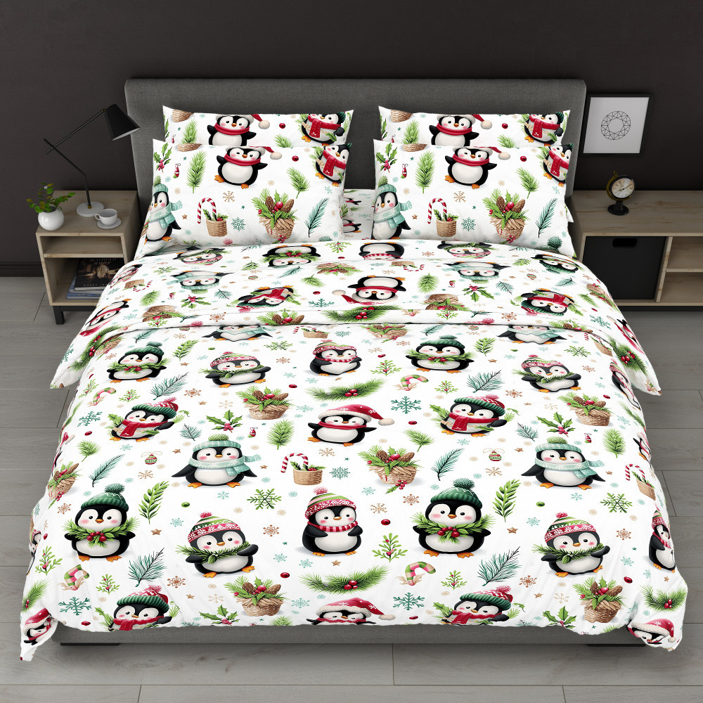 Святкові пінгвінчики - Бязь Gold - Двоспальний комплект постільної білизни, фото 1