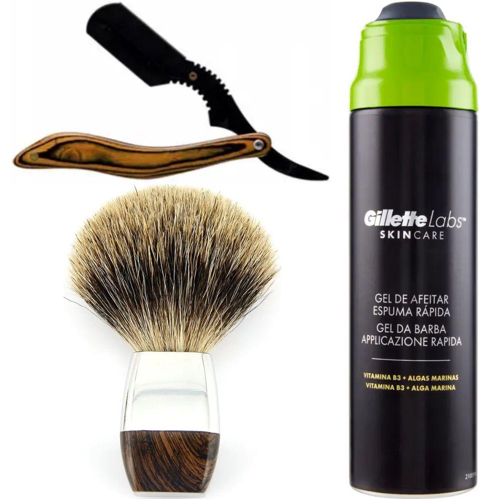 Небезпечна бритва/шавета розкладна Straight Razor + помазок борсук + гель для гоління Gillette Labs Gel 198 мл, фото 1