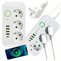 Подовжувач мережевий з USB 2м (3 розетки, 5 USB, вкл. USB-C), білий, з вимикачем
