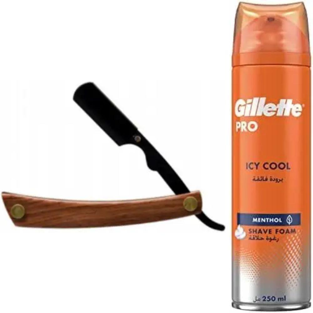 Небезпечна бритва/шавета розкладна Straight Razor + піна для гоління Gillette Pro Icy Cool з ментолом, фото 1