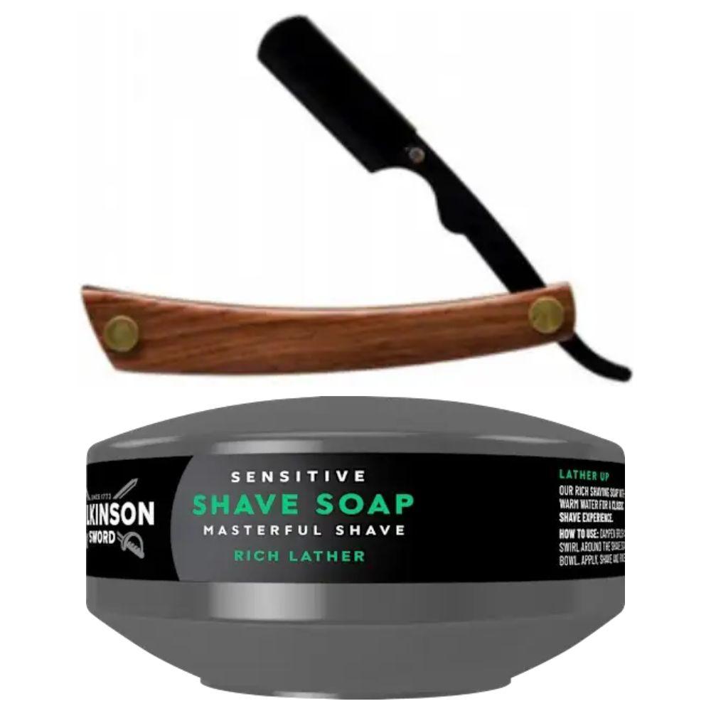 Небезпечна бритва/шавета розкладна Straight Razor + мило для гоління Wilkinson Sword для чутливої шкіри 125 г, фото 1