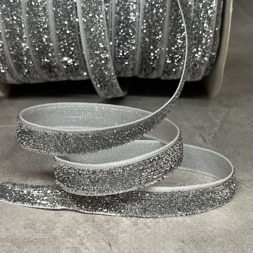 Стрічка велюрова 1 см з люрекс ниткою, срібло, арт 019059, 1 метр, Сріблястий, фото 1