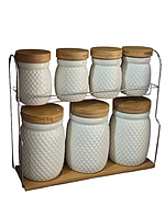 Набір банок для сипких продуктів TS Kitchen HP-1215-8 кераміка бамбук на підставці 8 предметів Білий