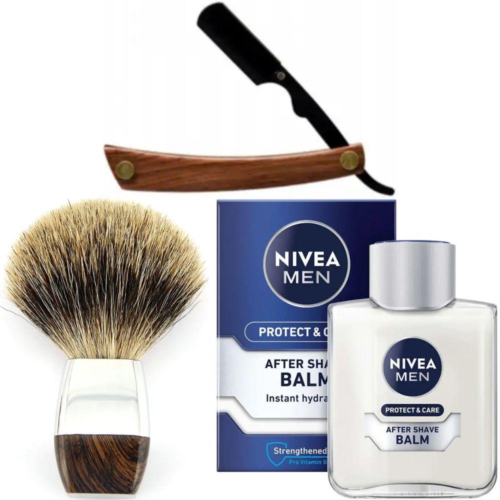 Небезпечна бритва/шавета розкладна Straight Razor + помазок борсук + бальзам після гоління Nivea Men Protect & Care 100 мл, фото 1