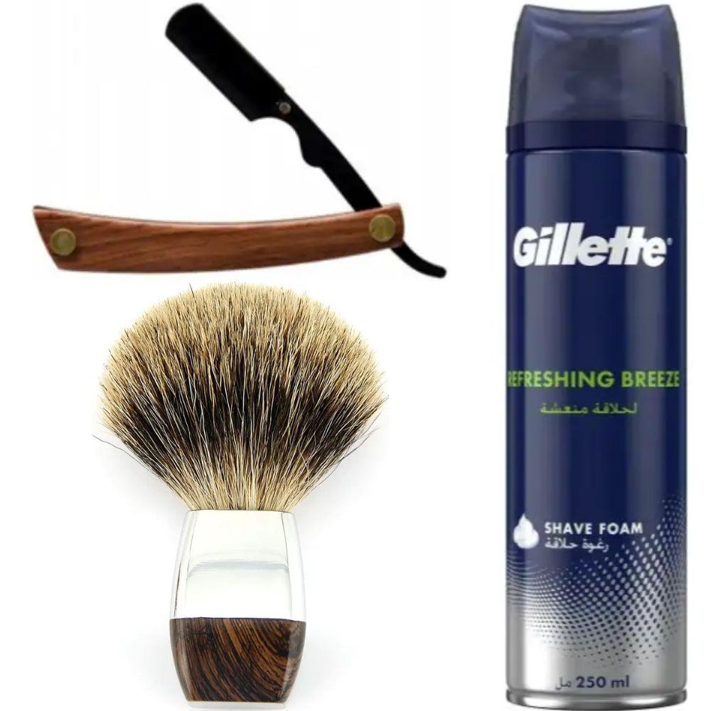 Небезпечна бритва/шавета розкладна Straight Razor + помазок з борсучим ворсом + піна для гоління Gillette Refreshing Breeze 250 мл, фото 1