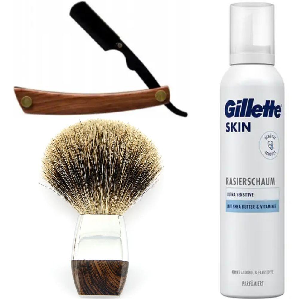 Небезпечна бритва/шавета розкладна Straight Razor + помазок з борсучим ворсом + піна для гоління Gillette Skin Ultra Sensitive, фото 1