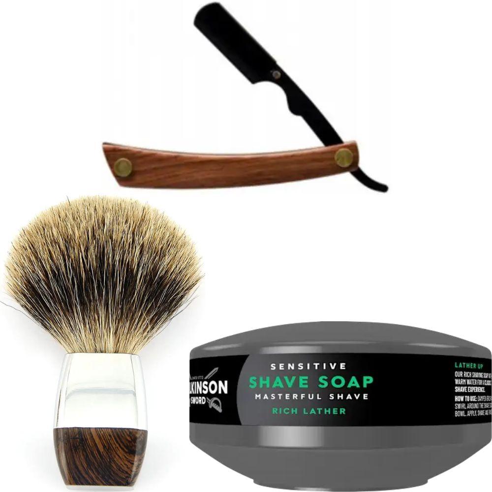 Небезпечна бритва/шавета розкладна Straight Razor + помазок борсук + мило для гоління Wilkinson Sword для чутливої шкіри 125 г, фото 1
