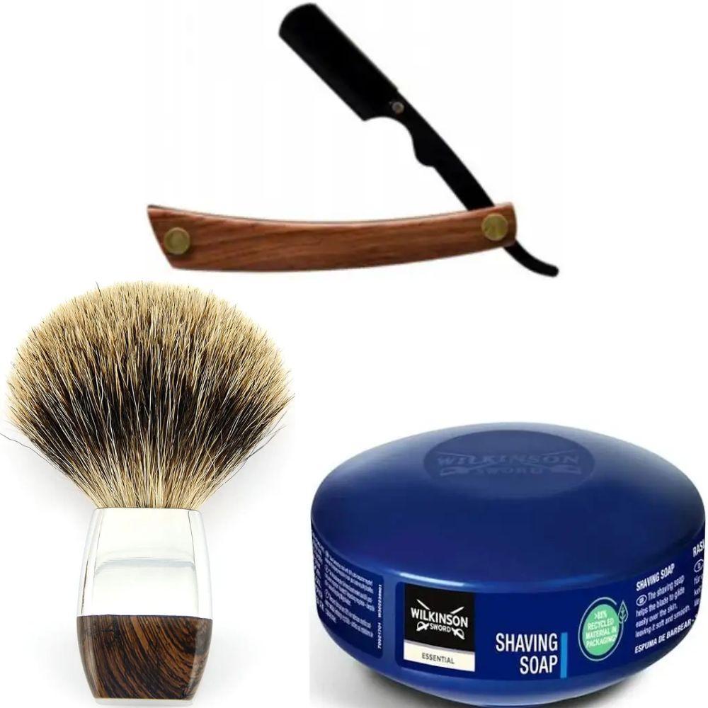 Небезпечна бритва/шавета розкладна Straight Razor + помазок з борсучим ворсом + мило для гоління Wilkinson Essential 125 г, фото 1