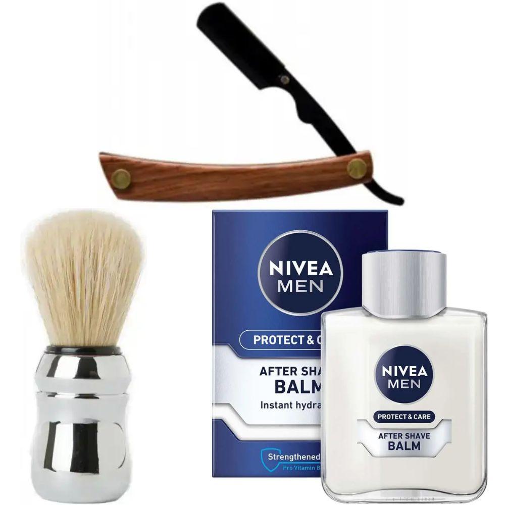 Небезпечна бритва/шавета розкладна Straight Razor + помазок Proraso + бальзам після гоління Nivea Men Protect & Care 100 мл, фото 1