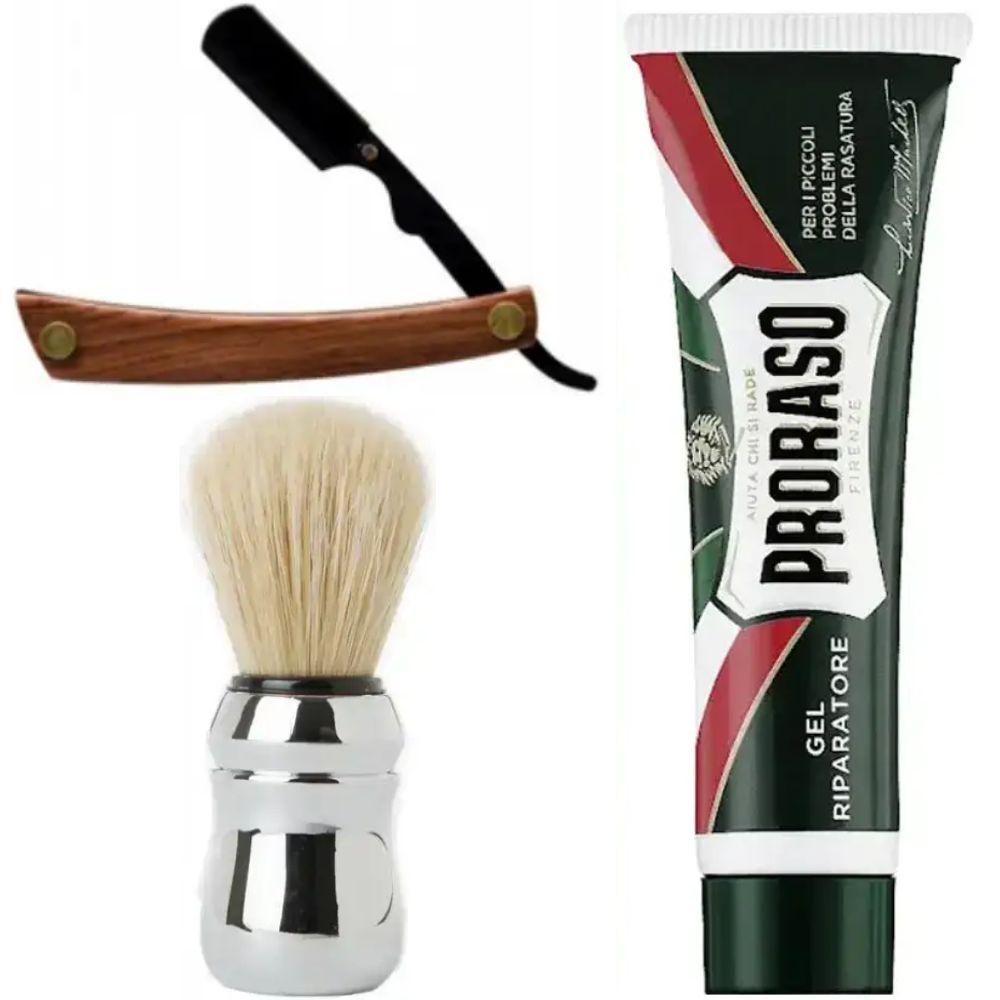 Небезпечна бритва/шавета розкладна Straight Razor + помазок Proraso + гель від порізів Proraso Razor Cut Repair Gel, фото 1