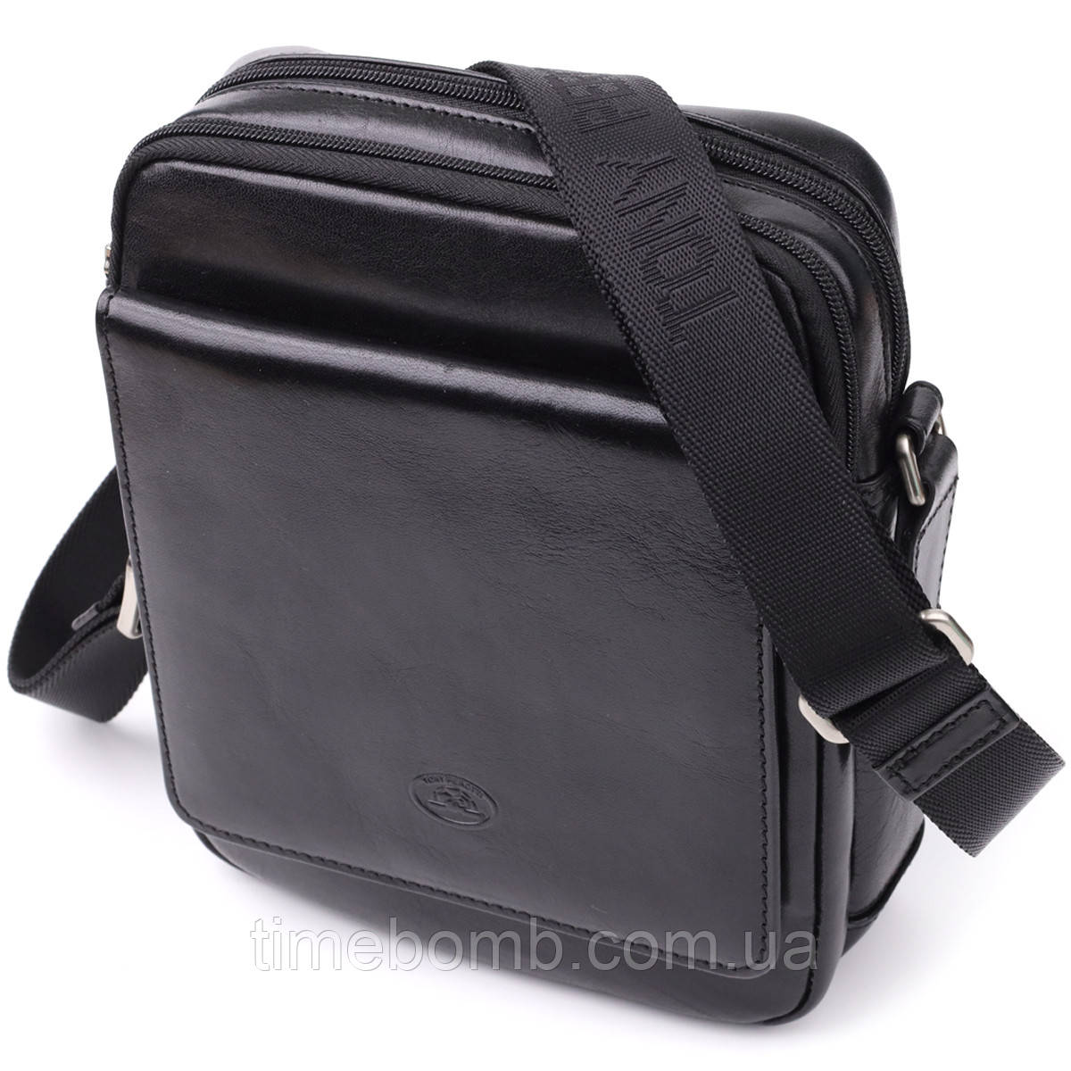 Відмінна чоловіча сумка з кишенями з гладкої натуральної шкіри Tony Perotti 20857_1 (9148-17 nero) Чорний, фото 1