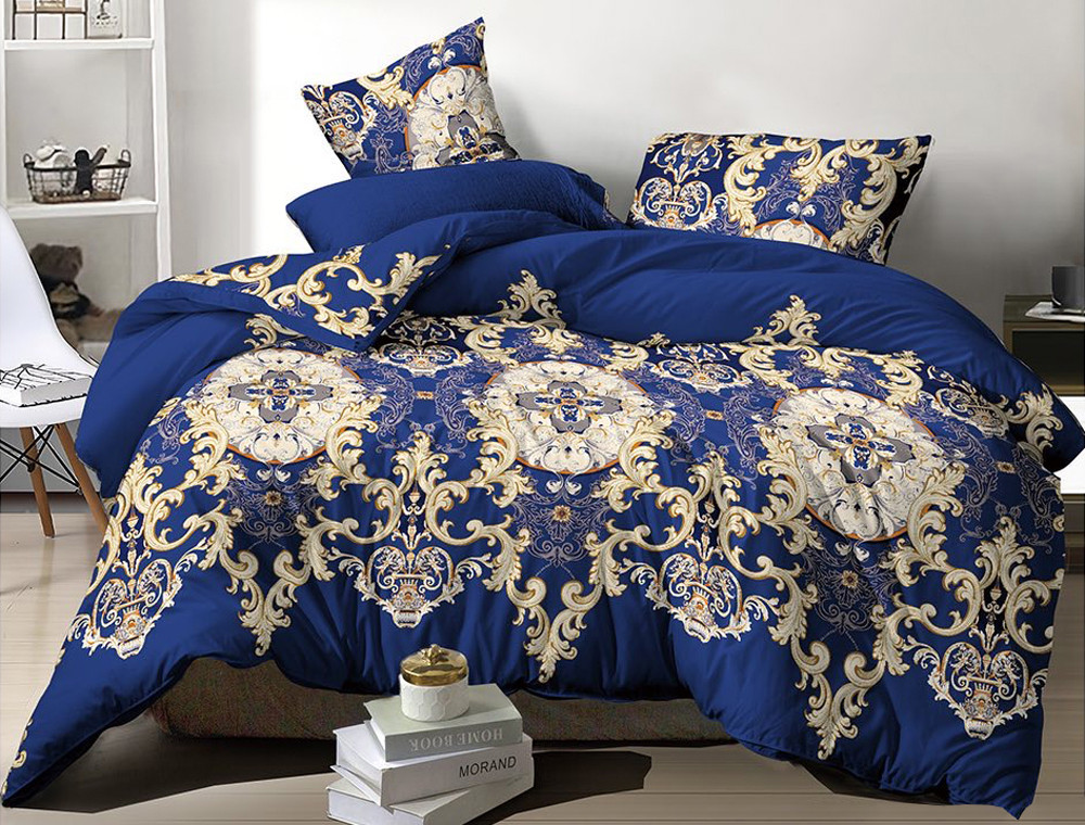 Двоспальний комплект постільної білизни 180*220 із полікотону, синього кольору з абстрактним принтом №206718 Черешенька™