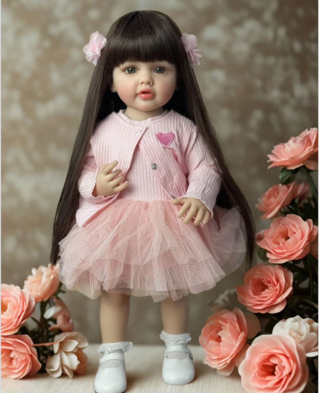 Велика вінілова лялька ручної роботи в платті Reborn Baby Doll зі справжнім волоссям і гарними очима, фото 1