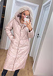Жіноче зимове стьобане пальто куртка довга з поясом і капюшоном чорне пудра, S, M, L, XL, фото 8