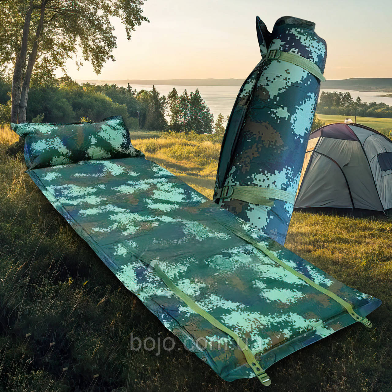 Самонадувний матрац каремат із подушкою для кемпінгу 185х57х2,5 см Піксельний камуфляж